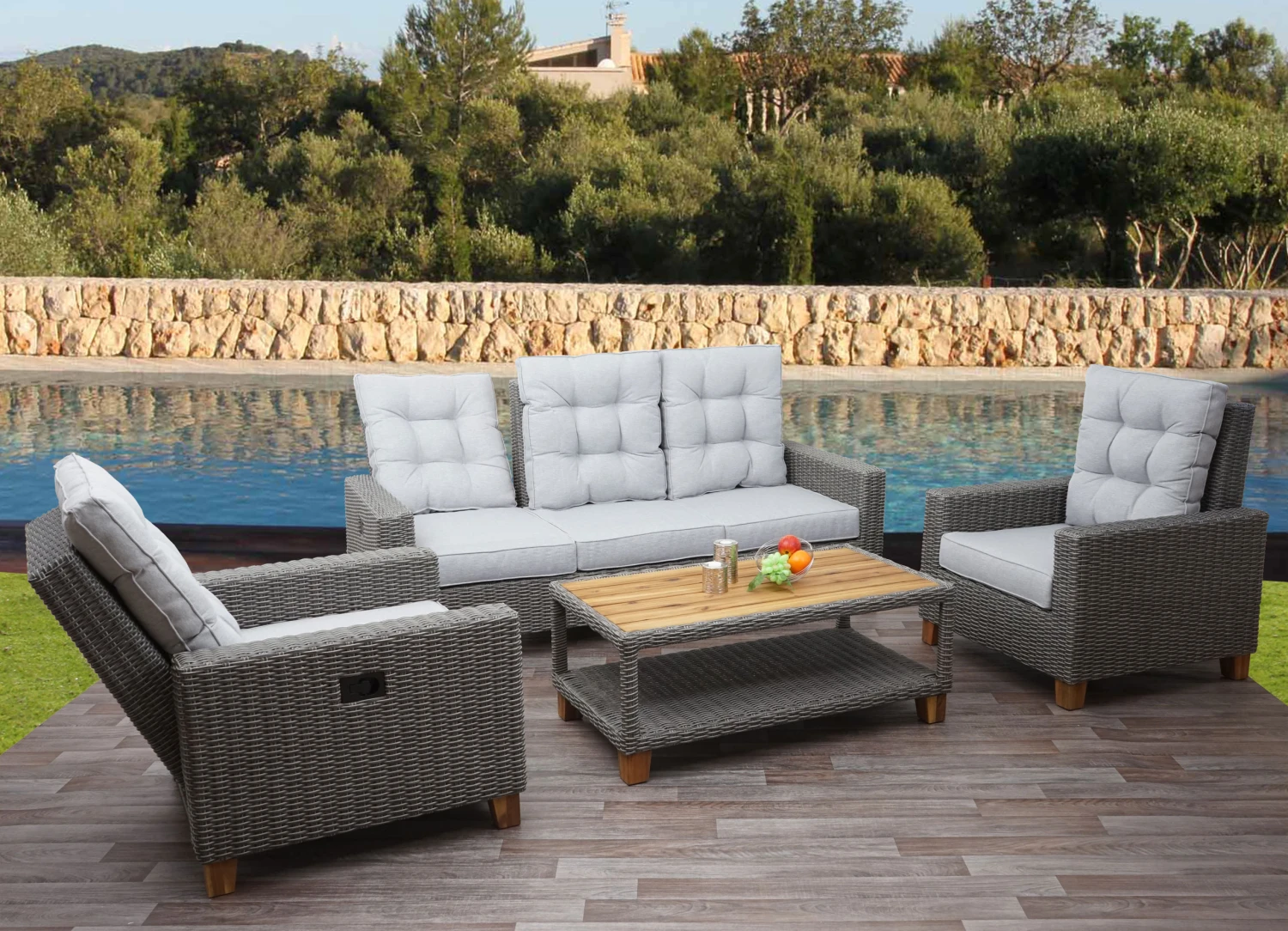 Gartengarnitur MCW-G28, Sitzgruppe Lounge-Set, Akazie Holz Halbrundes Rattan Verstellbar FSC ~ Grau, Kissen Hellgrau 1 Gartengarnitur MCW-G28, Sitzgruppe Lounge-Set, Akazie Holz Halbrundes Rattan Verstellbar FSC ~ Grau, Kissen Hellgrau