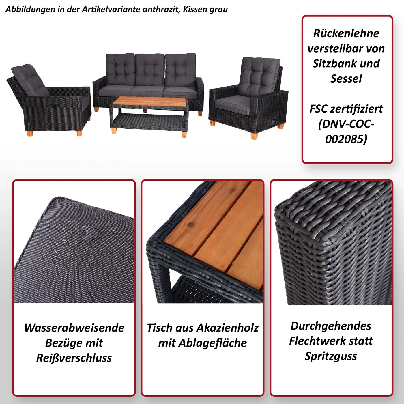 Gartengarnitur MCW-G28, Sitzgruppe Lounge-Set, Akazie Holz Halbrundes Rattan Verstellbar FSC ~ Grau, Kissen Hellgrau 2 Gartengarnitur MCW-G28, Sitzgruppe Lounge-Set, Akazie Holz Halbrundes Rattan Verstellbar FSC ~ Grau, Kissen Hellgrau – Bild 2