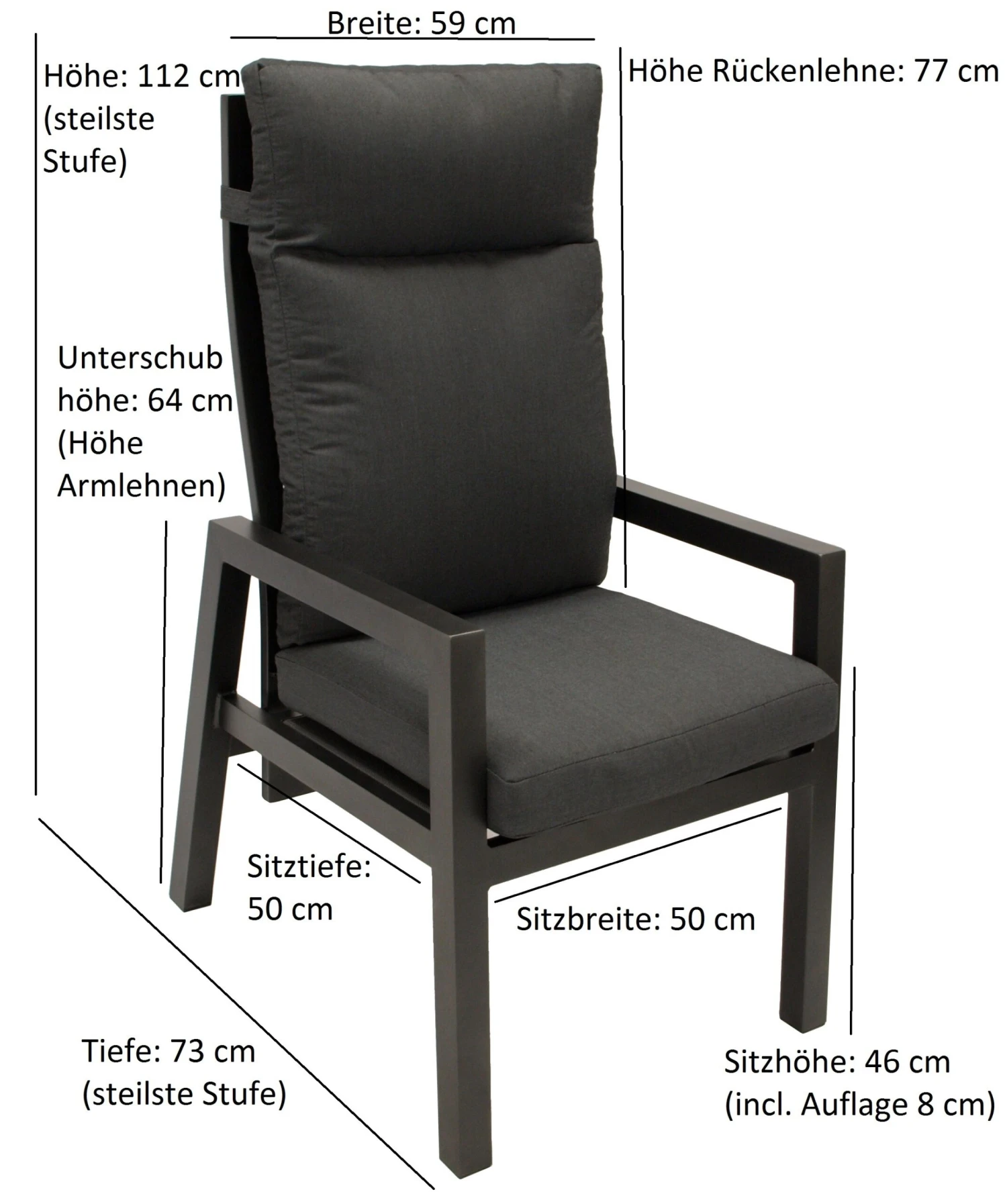 DEGAMO Sessel MANCIANO Hochlehner, Aluminium Dunkelgrau Mit Polster, Stufenlos Verstellbar, 2 Stück 4 DEGAMO Sessel MANCIANO Hochlehner, Aluminium Dunkelgrau Mit Polster, Stufenlos Verstellbar, 2 Stück – Bild 4