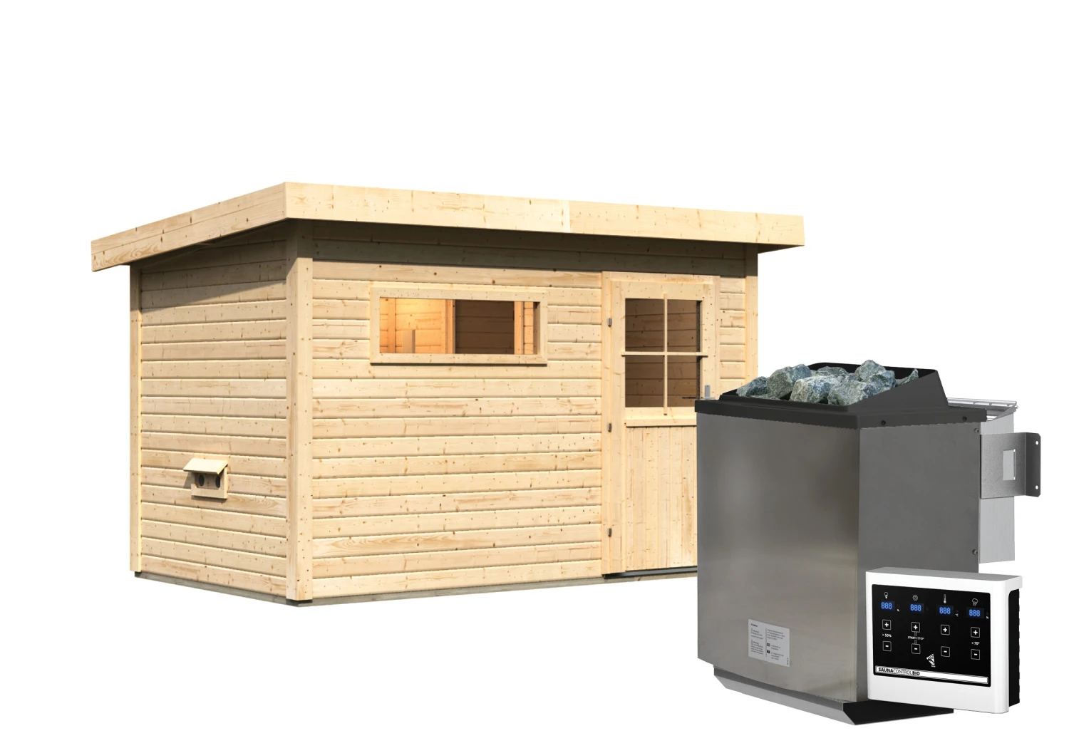 Karibu Saunahaus "Ondo 1" SET Naturbelassen Mit Ofen 9 KW Bio Ext. Strg, Kabel, Dachfolie, Fenster 2 Karibu Saunahaus "Ondo 1" SET Naturbelassen Mit Ofen 9 KW Bio Ext. Strg, Kabel, Dachfolie, Fenster – Bild 2