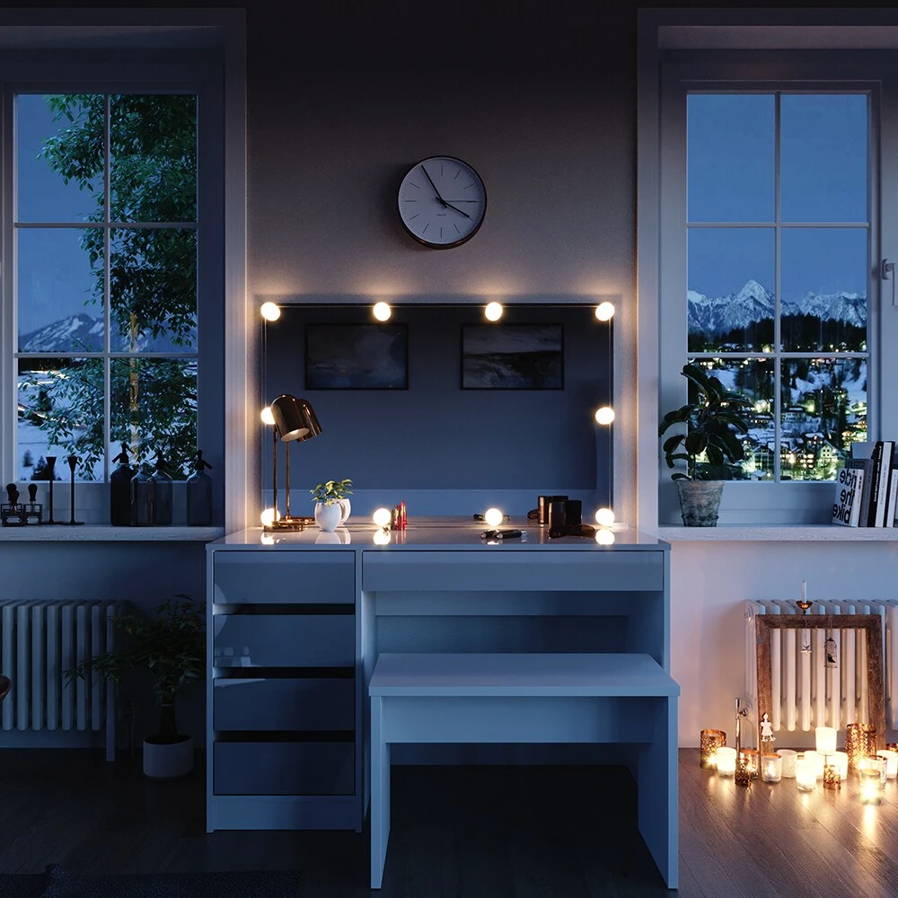 Vicco Schminktisch Sherry Weiß Mit LED-Beleuchtung Spiegel Sitzbank Frisiertisch 4 Vicco Schminktisch Sherry Weiß Mit LED-Beleuchtung Spiegel Sitzbank Frisiertisch – Bild 4