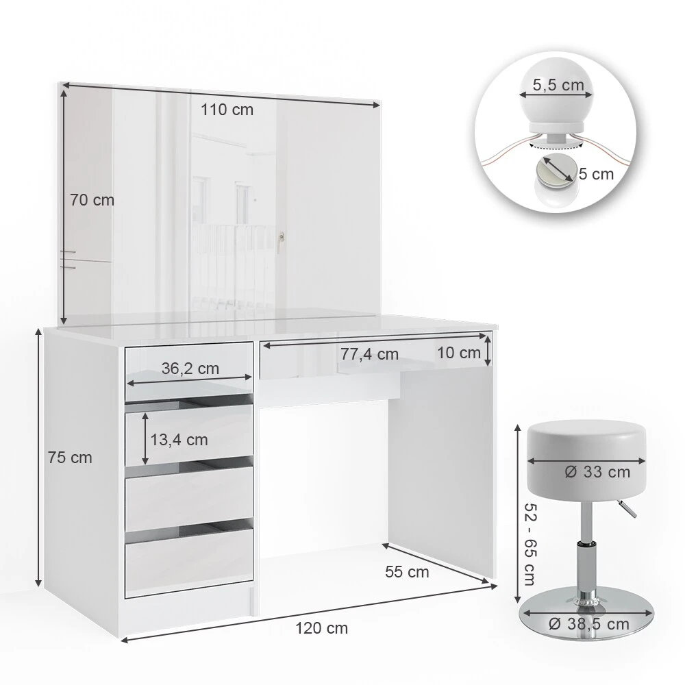 Vicco Schminktisch Sherry Weiß Mit LED-Beleuchtung Spiegel Hocker Frisiertisch 3 Vicco Schminktisch Sherry Weiß Mit LED-Beleuchtung Spiegel Hocker Frisiertisch – Bild 3