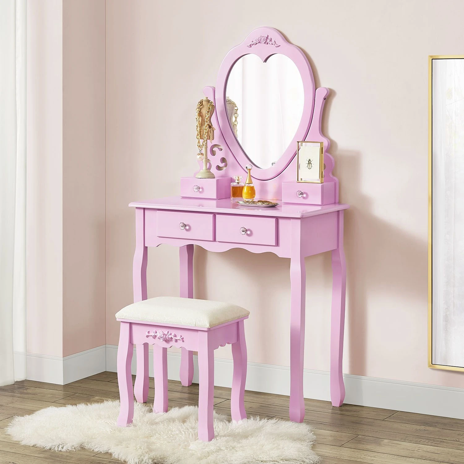 Juskys Schminktisch Julia - Frisiertisch Mit Spiegel, Hocker & 4 Schubladen - Rosa - Mädchen Kinder 2 Juskys Schminktisch Julia - Frisiertisch Mit Spiegel, Hocker & 4 Schubladen - Rosa - Mädchen Kinder – Bild 2