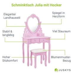 Juskys Schminktisch Julia - Frisiertisch Mit Spiegel, Hocker & 4 Schubladen - Rosa - Mädchen Kinder 8 Juskys Schminktisch Julia - Frisiertisch Mit Spiegel, Hocker & 4 Schubladen - Rosa - Mädchen Kinder -Netto 8600348200 19570 prod 003