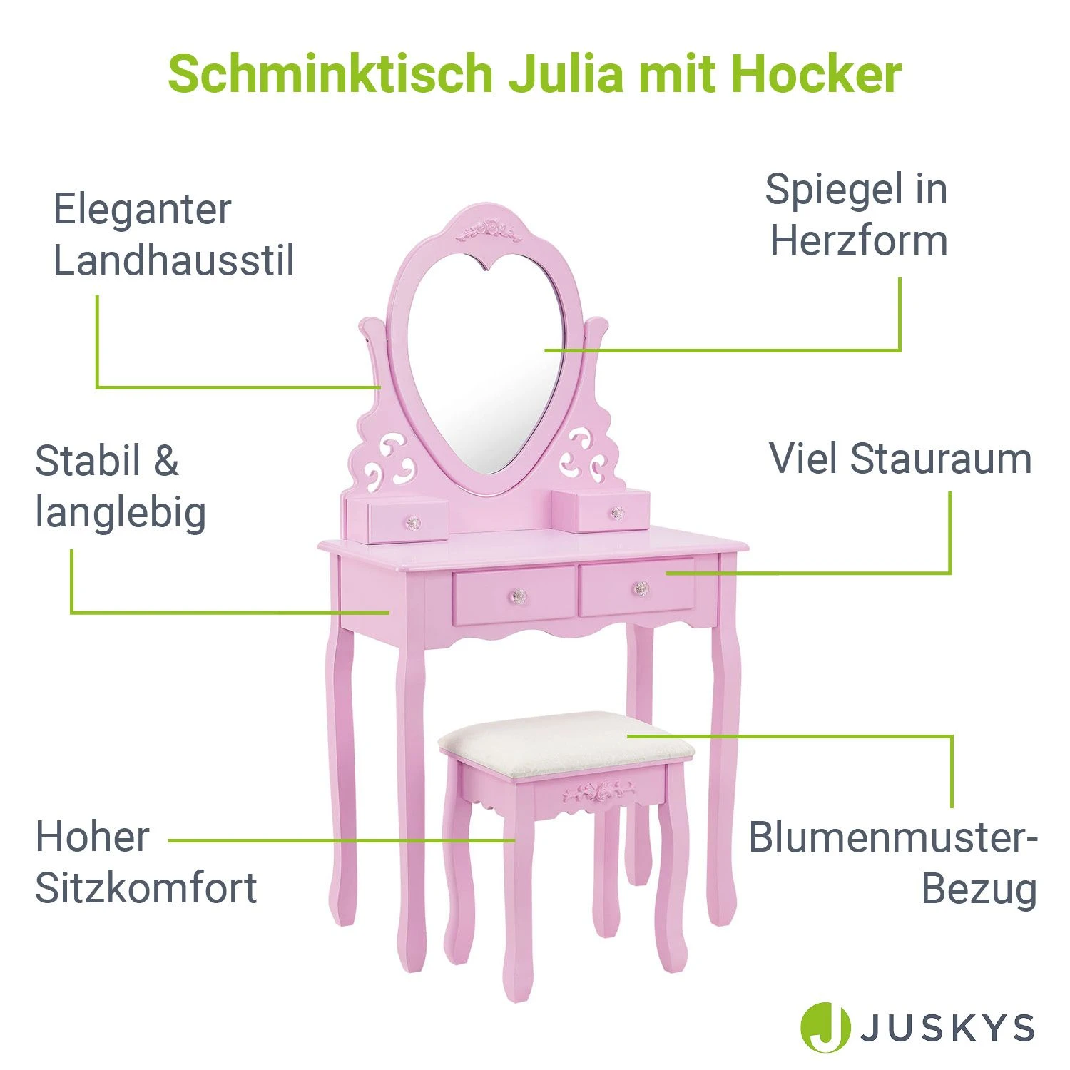 Juskys Schminktisch Julia - Frisiertisch Mit Spiegel, Hocker & 4 Schubladen - Rosa - Mädchen Kinder 3 Juskys Schminktisch Julia - Frisiertisch Mit Spiegel, Hocker & 4 Schubladen - Rosa - Mädchen Kinder – Bild 3