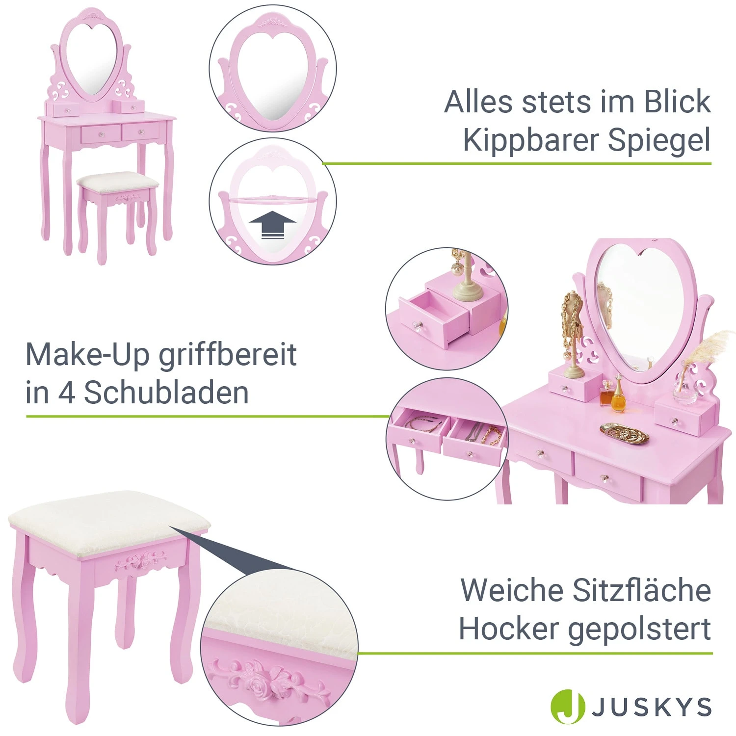 Juskys Schminktisch Julia - Frisiertisch Mit Spiegel, Hocker & 4 Schubladen - Rosa - Mädchen Kinder 4 Juskys Schminktisch Julia - Frisiertisch Mit Spiegel, Hocker & 4 Schubladen - Rosa - Mädchen Kinder – Bild 4