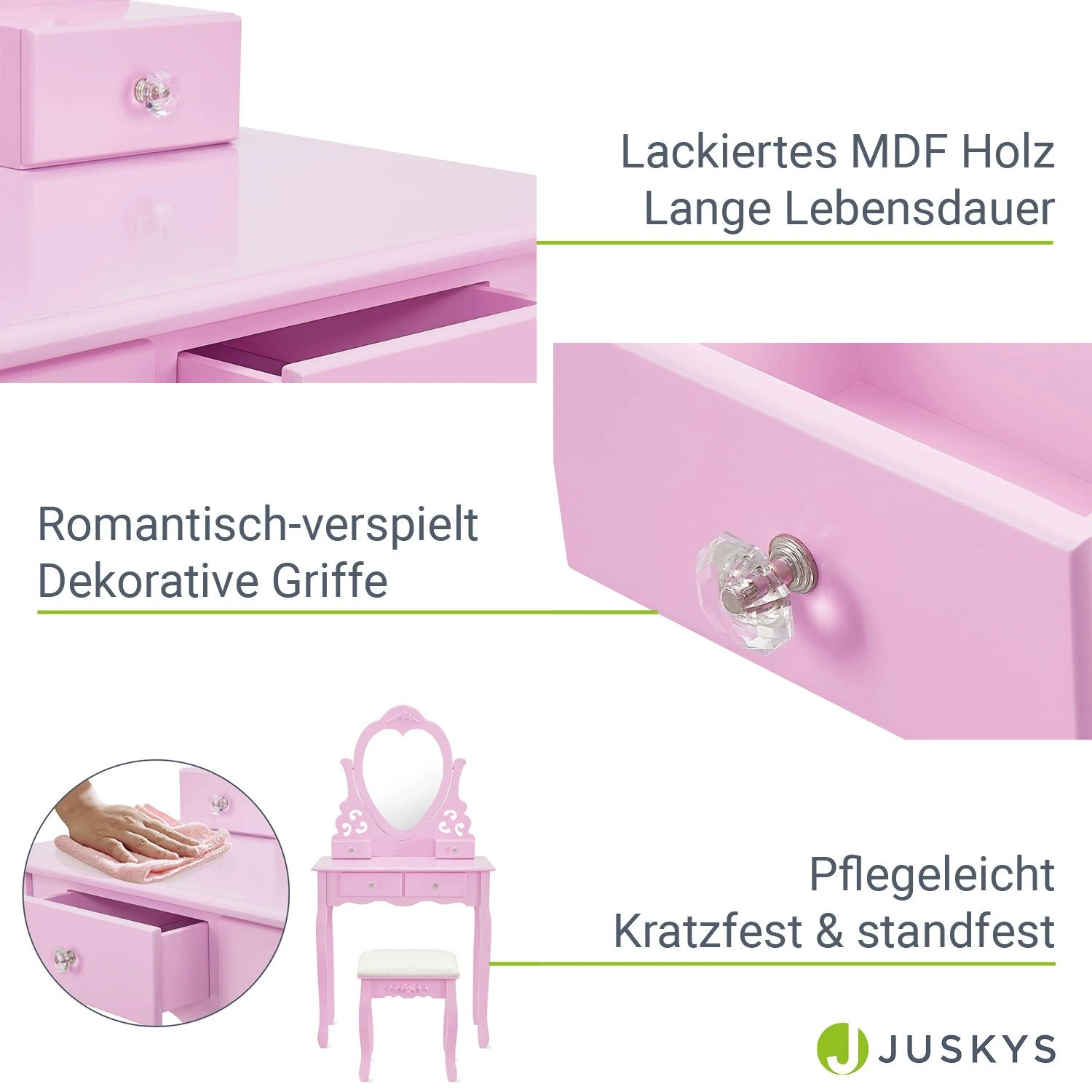 Juskys Schminktisch Julia - Frisiertisch Mit Spiegel, Hocker & 4 Schubladen - Rosa - Mädchen Kinder 5 Juskys Schminktisch Julia - Frisiertisch Mit Spiegel, Hocker & 4 Schubladen - Rosa - Mädchen Kinder – Bild 5