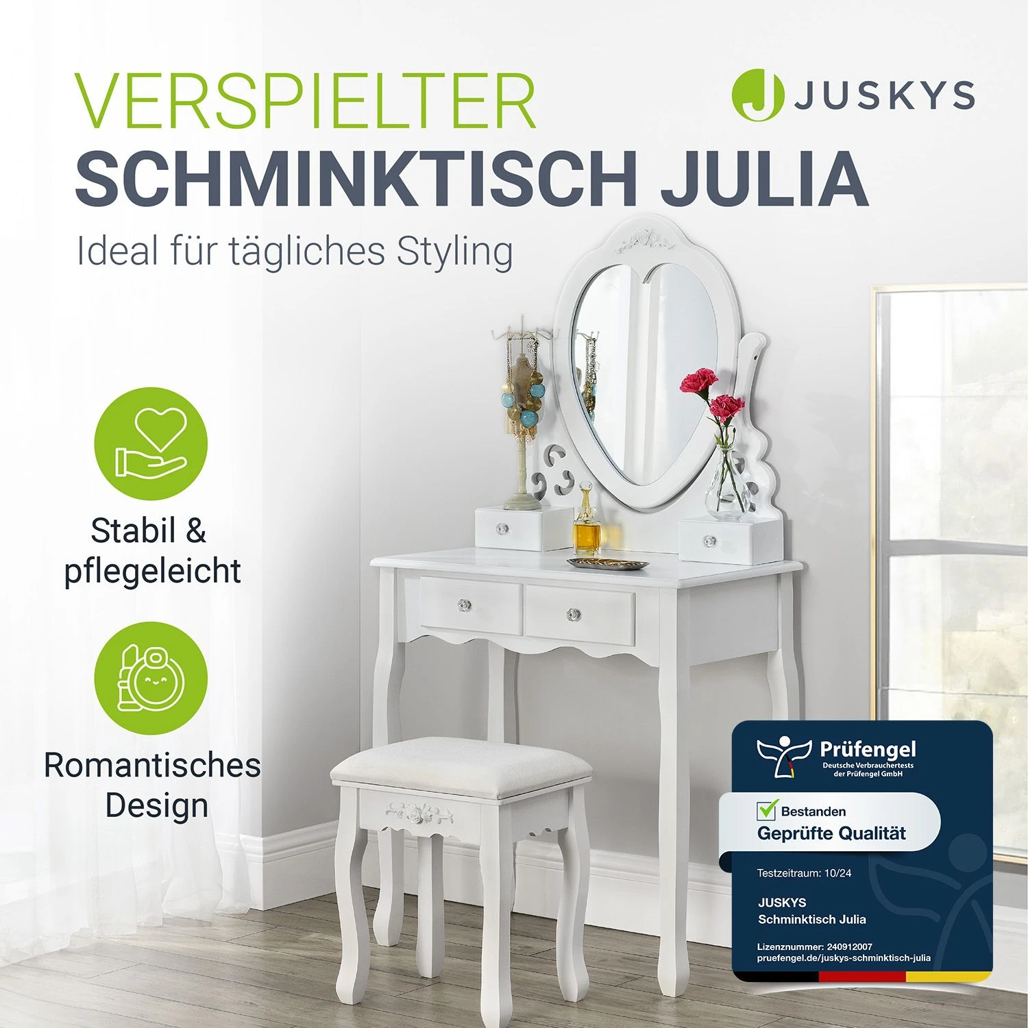Juskys Schminktisch Julia - Frisiertisch Mit Spiegel, Hocker & 4 Schubladen - Weiß - Mädchen Kinder 2 Juskys Schminktisch Julia - Frisiertisch Mit Spiegel, Hocker & 4 Schubladen - Weiß - Mädchen Kinder – Bild 2
