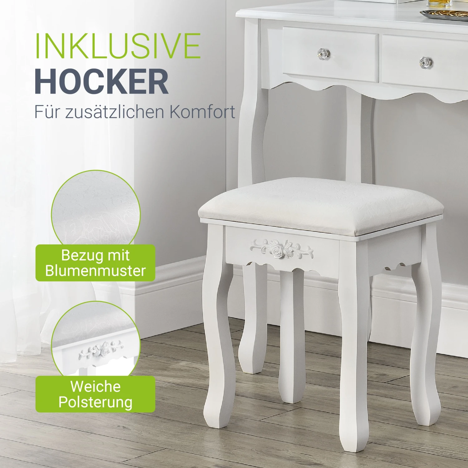 Juskys Schminktisch Julia - Frisiertisch Mit Spiegel, Hocker & 4 Schubladen - Weiß - Mädchen Kinder 6 Juskys Schminktisch Julia - Frisiertisch Mit Spiegel, Hocker & 4 Schubladen - Weiß - Mädchen Kinder – Bild 6