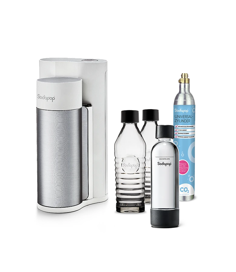 SODAPOP Wassersprudler Harold, Silber/weiß, 2x Glaskaraffen, 1x PET Flasche, CO2 Zylinder 1 SODAPOP Wassersprudler Harold, Silber/weiß, 2x Glaskaraffen, 1x PET Flasche, CO2 Zylinder