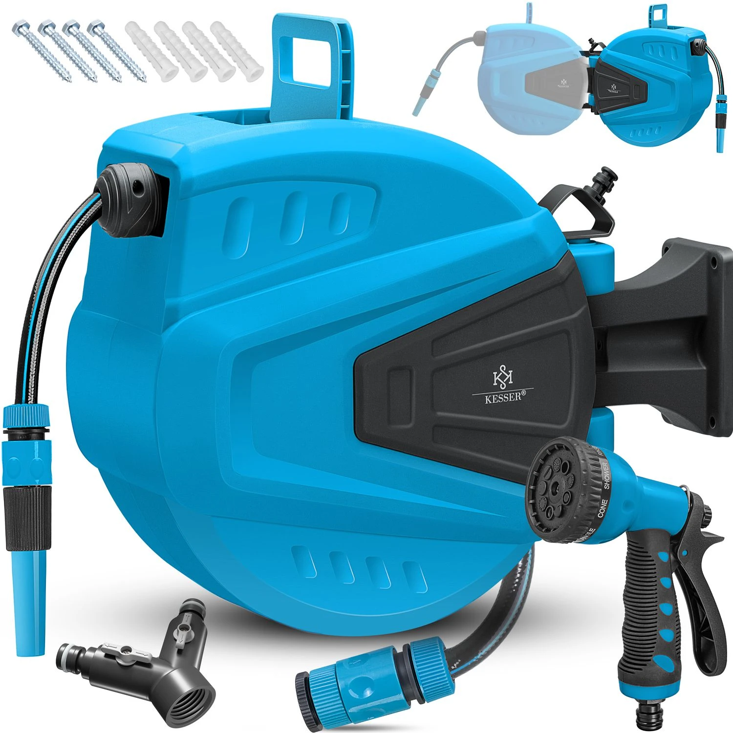 KESSER® Schlauchtrommel Schlauchaufroller Wasser | Multi-Handbrause | 180° Schwenkbar | Aufwickelstopper | Wandhalterung | Wand-Schlauchbox | Wasserschlauchtrommel | Gartenschlauch | 1 KESSER® Schlauchtrommel Schlauchaufroller Wasser | Multi-Handbrause | 180° Schwenkbar | Aufwickelstopper | Wandhalterung | Wand-Schlauchbox | Wasserschlauchtrommel | Gartenschlauch |