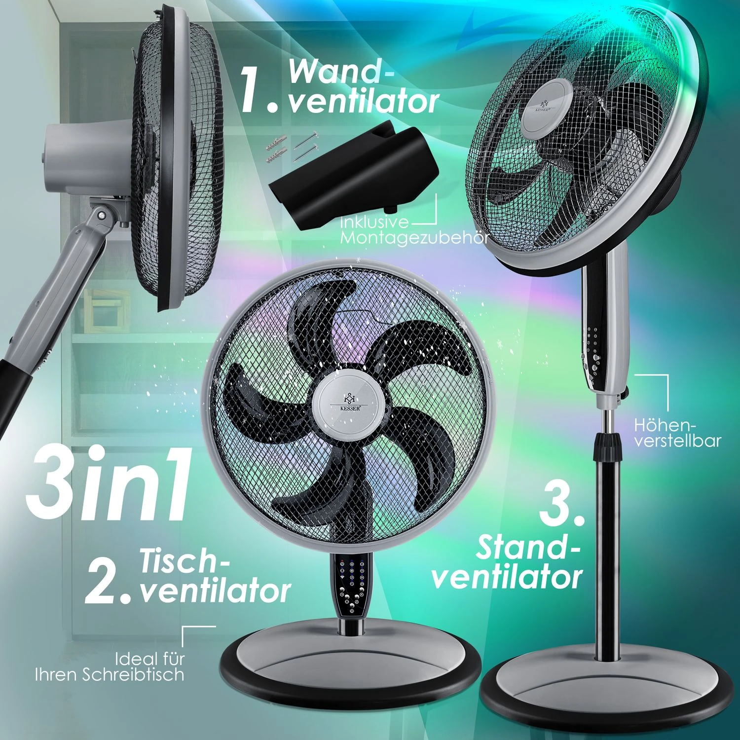 KESSER® 3in1 Standventilator Tischventilator Wandventilator Mit App Wifi , Fernbedienung | Timer | Leise Oszillation 80 Grad | Ventilator | 4 Geschwindigkeiten Inkl. Wandhalterung 3 KESSER® 3in1 Standventilator Tischventilator Wandventilator Mit App Wifi , Fernbedienung | Timer | Leise Oszillation 80 Grad | Ventilator | 4 Geschwindigkeiten Inkl. Wandhalterung – Bild 3