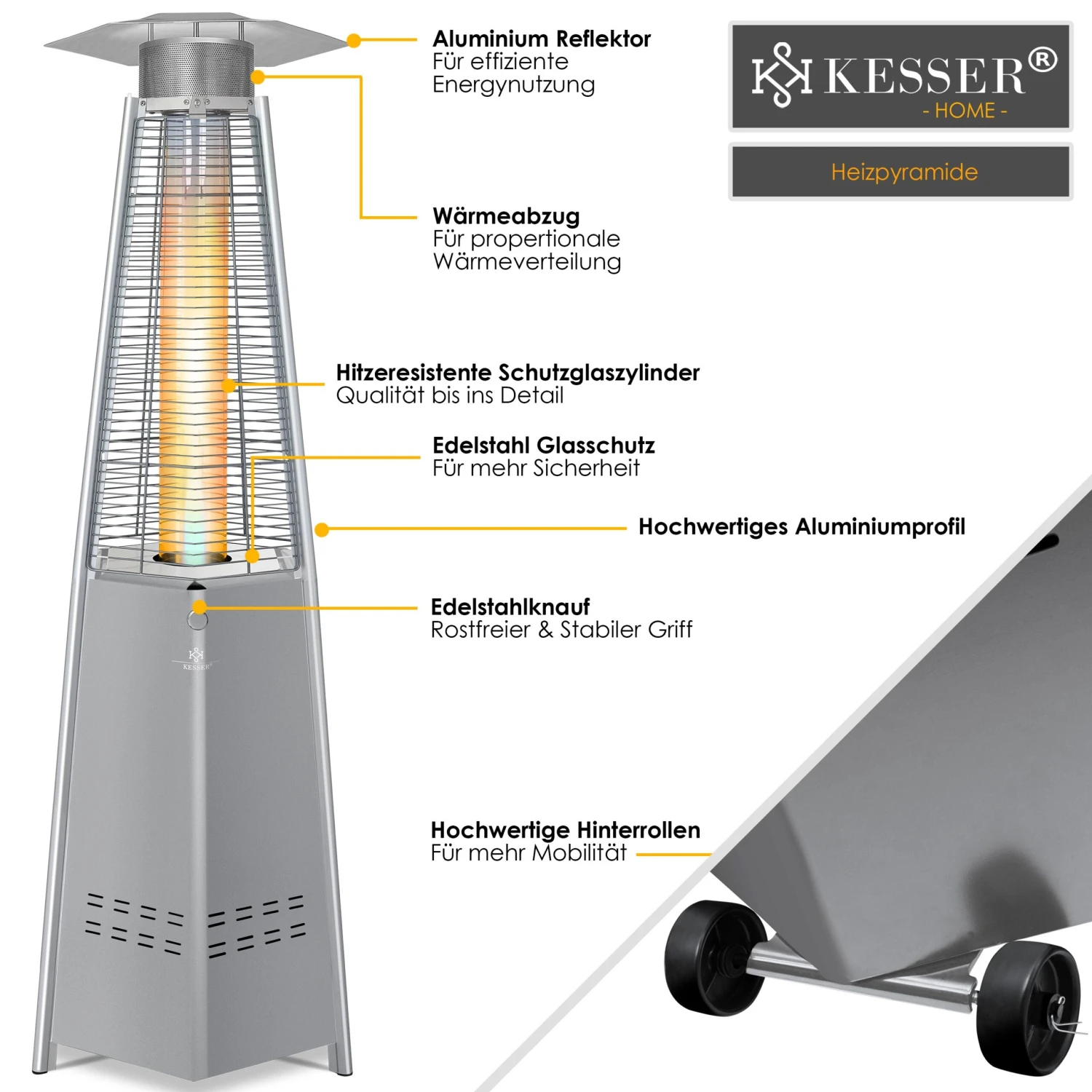 KESSER® Heizstrahler Pyramide Für Terrasse Terrassenheizer Gas 12,5 KW Gasheizstrahler Gasheizer , Wärmestrahler, Heizgerät, Inkl. Schutzhülle , Mit Gasschlauch Druckminderer , Wärmeabzug Edelstahl 2 KESSER® Heizstrahler Pyramide Für Terrasse Terrassenheizer Gas 12,5 KW Gasheizstrahler Gasheizer , Wärmestrahler, Heizgerät, Inkl. Schutzhülle , Mit Gasschlauch Druckminderer , Wärmeabzug Edelstahl – Bild 2