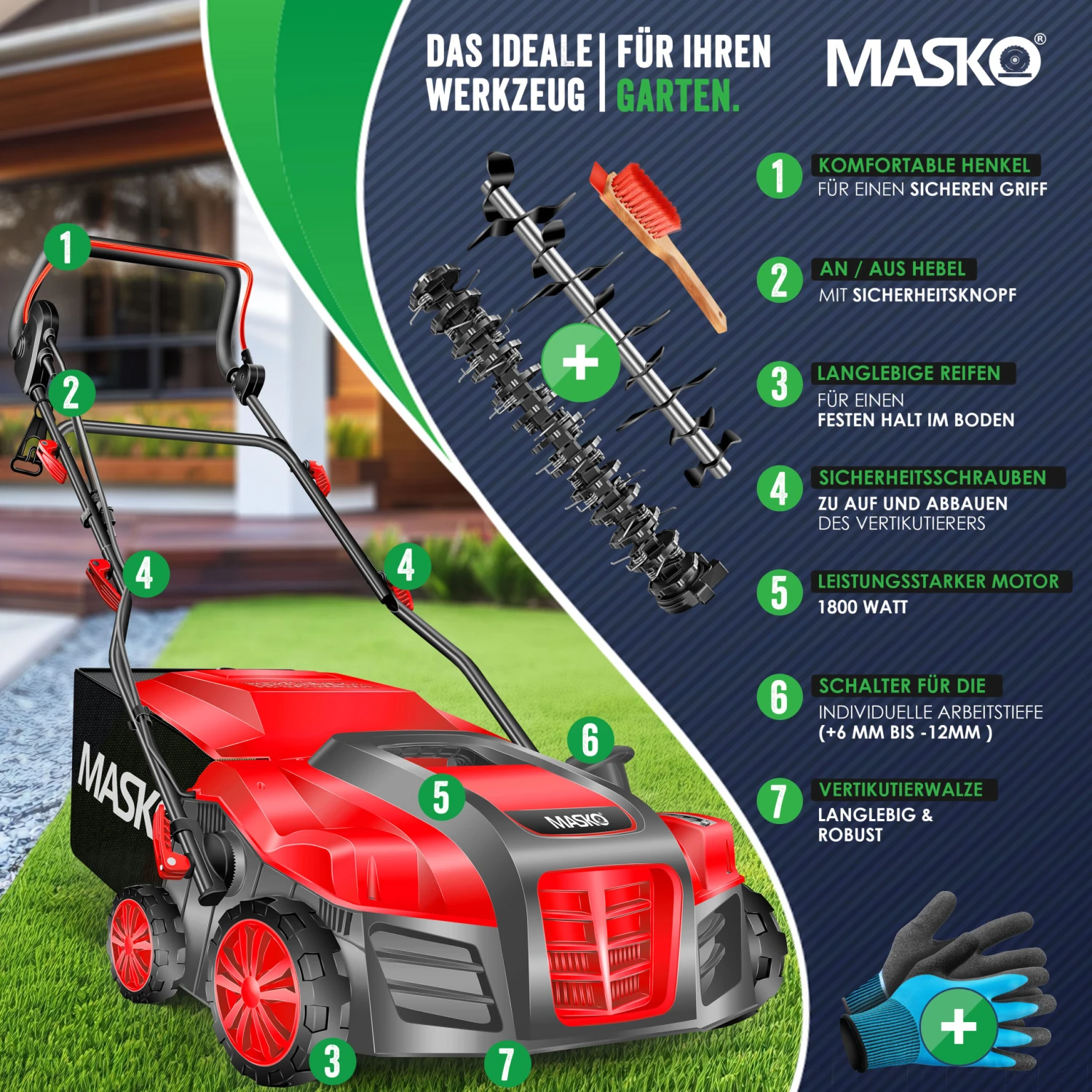 MASKO® - Elektro 2in1 Vertikutierer Rasenlüfter 1800 Watt 40cm Arbeitsbreite 55L Fangkorb Inkl. Lüfterwalze Lüfter Moosentferner, 5-stufige Arbeitstiefe Einstellbar , Höhenverstellbarer Holm 2 MASKO® - Elektro 2in1 Vertikutierer Rasenlüfter 1800 Watt 40cm Arbeitsbreite 55L Fangkorb Inkl. Lüfterwalze Lüfter Moosentferner, 5-stufige Arbeitstiefe Einstellbar , Höhenverstellbarer Holm – Bild 2