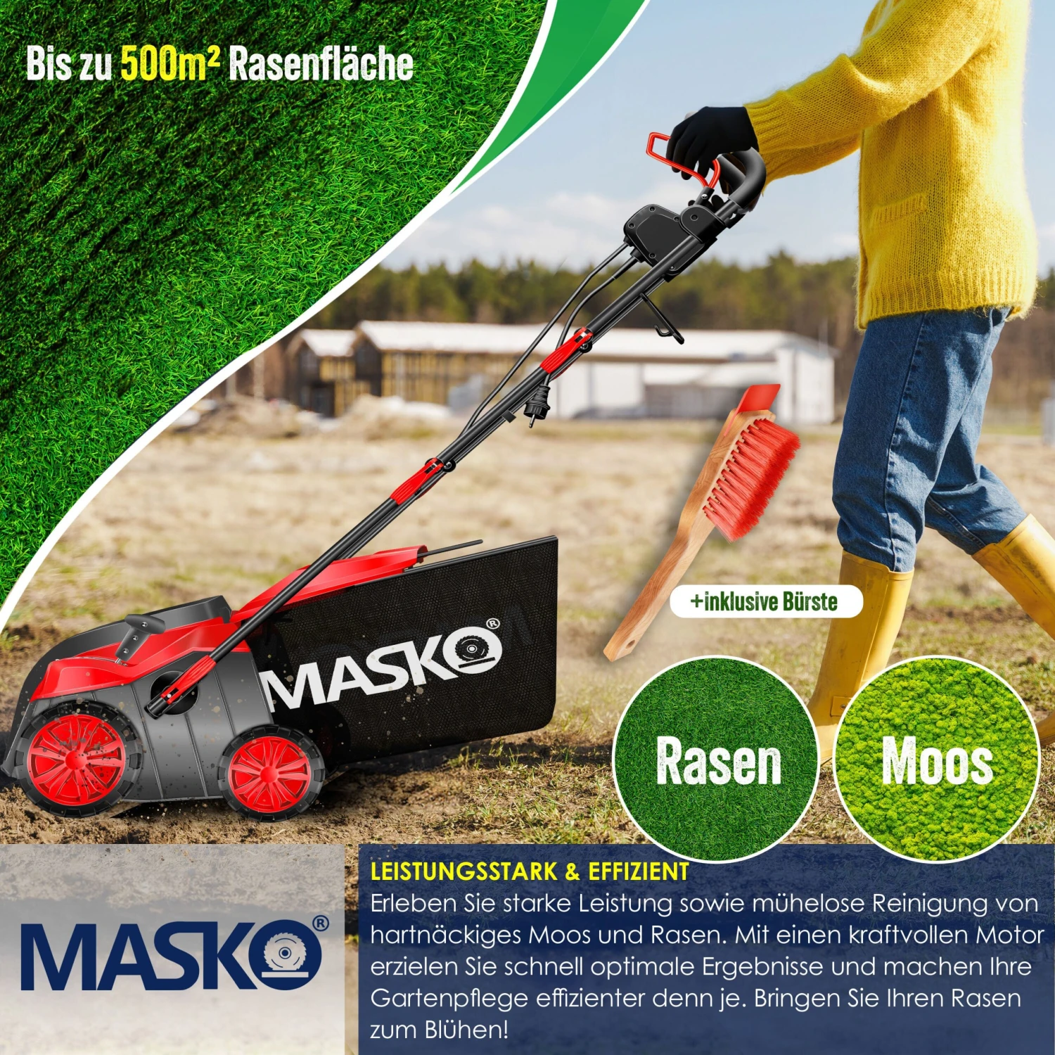 MASKO® - Elektro 2in1 Vertikutierer Rasenlüfter 1800 Watt 40cm Arbeitsbreite 55L Fangkorb Inkl. Lüfterwalze Lüfter Moosentferner, 5-stufige Arbeitstiefe Einstellbar , Höhenverstellbarer Holm 3 MASKO® - Elektro 2in1 Vertikutierer Rasenlüfter 1800 Watt 40cm Arbeitsbreite 55L Fangkorb Inkl. Lüfterwalze Lüfter Moosentferner, 5-stufige Arbeitstiefe Einstellbar , Höhenverstellbarer Holm – Bild 3