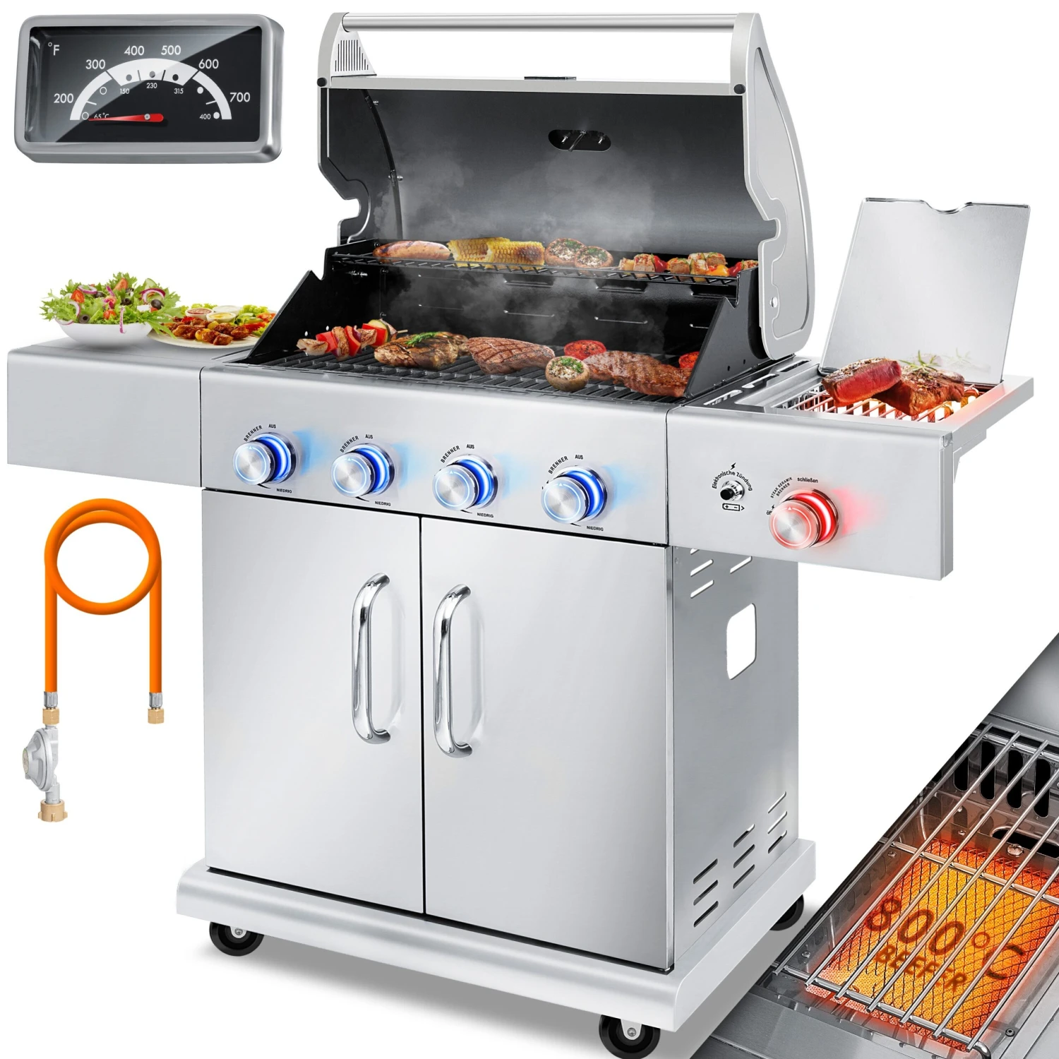 KESSER® Gasgrill Master BBQ Mit 800°C Infrarot & Grill-Thermometer, LED-Beleuchtung , Keramik 4+1 Brenner Aus Edelstahl XXL Grillwagen Grill, Seitenkocher, 5-11 KG Gasflasche Piezozündung 2 KESSER® Gasgrill Master BBQ Mit 800°C Infrarot & Grill-Thermometer, LED-Beleuchtung , Keramik 4+1 Brenner Aus Edelstahl XXL Grillwagen Grill, Seitenkocher, 5-11 KG Gasflasche Piezozündung – Bild 2