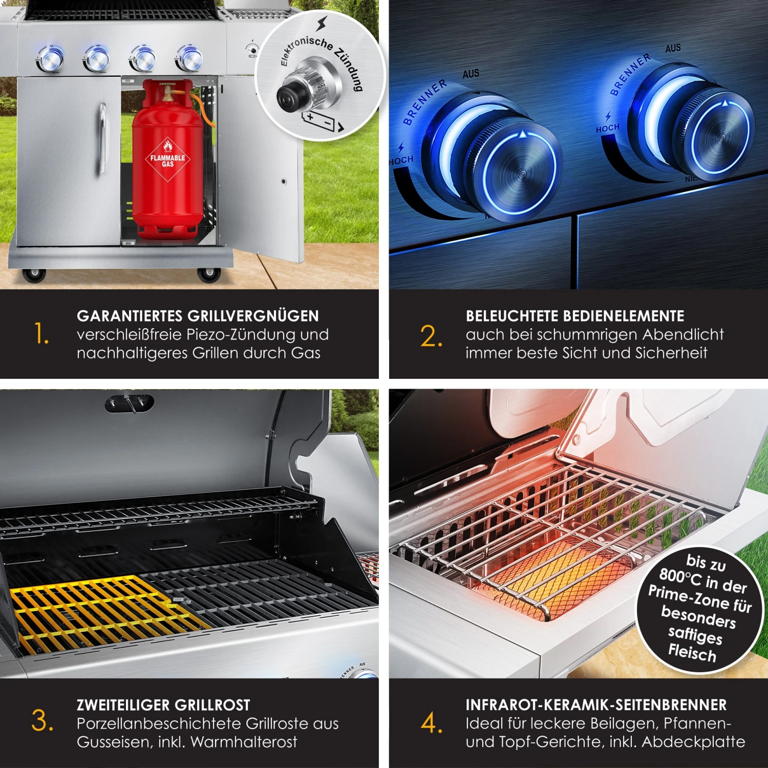 KESSER® Gasgrill Master BBQ Mit 800°C Infrarot & Grill-Thermometer, LED-Beleuchtung , Keramik 4+1 Brenner Aus Edelstahl XXL Grillwagen Grill, Seitenkocher, 5-11 KG Gasflasche Piezozündung 4 KESSER® Gasgrill Master BBQ Mit 800°C Infrarot & Grill-Thermometer, LED-Beleuchtung , Keramik 4+1 Brenner Aus Edelstahl XXL Grillwagen Grill, Seitenkocher, 5-11 KG Gasflasche Piezozündung – Bild 4