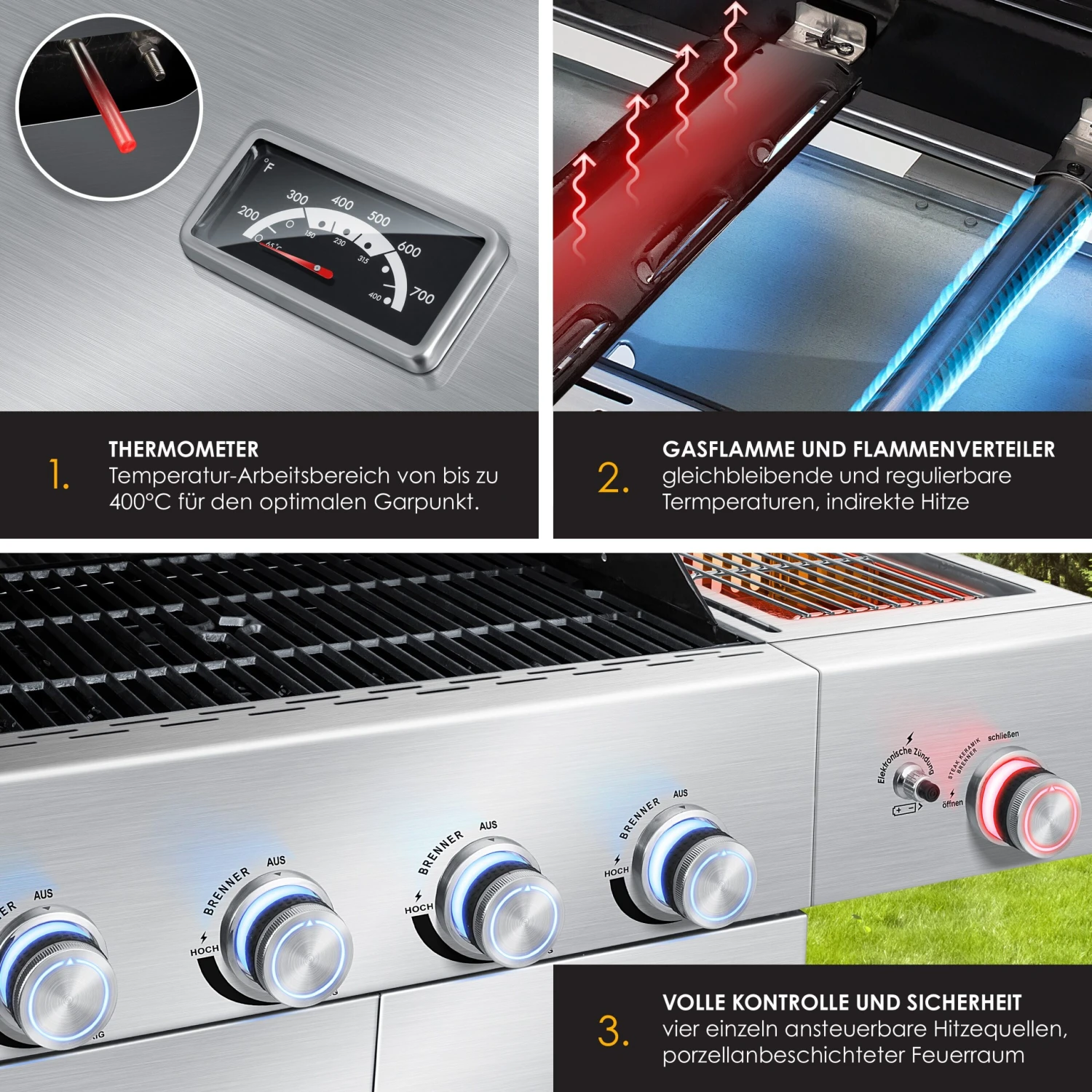 KESSER® Gasgrill Master BBQ Mit 800°C Infrarot & Grill-Thermometer, LED-Beleuchtung , Keramik 4+1 Brenner Aus Edelstahl XXL Grillwagen Grill, Seitenkocher, 5-11 KG Gasflasche Piezozündung 5 KESSER® Gasgrill Master BBQ Mit 800°C Infrarot & Grill-Thermometer, LED-Beleuchtung , Keramik 4+1 Brenner Aus Edelstahl XXL Grillwagen Grill, Seitenkocher, 5-11 KG Gasflasche Piezozündung – Bild 5