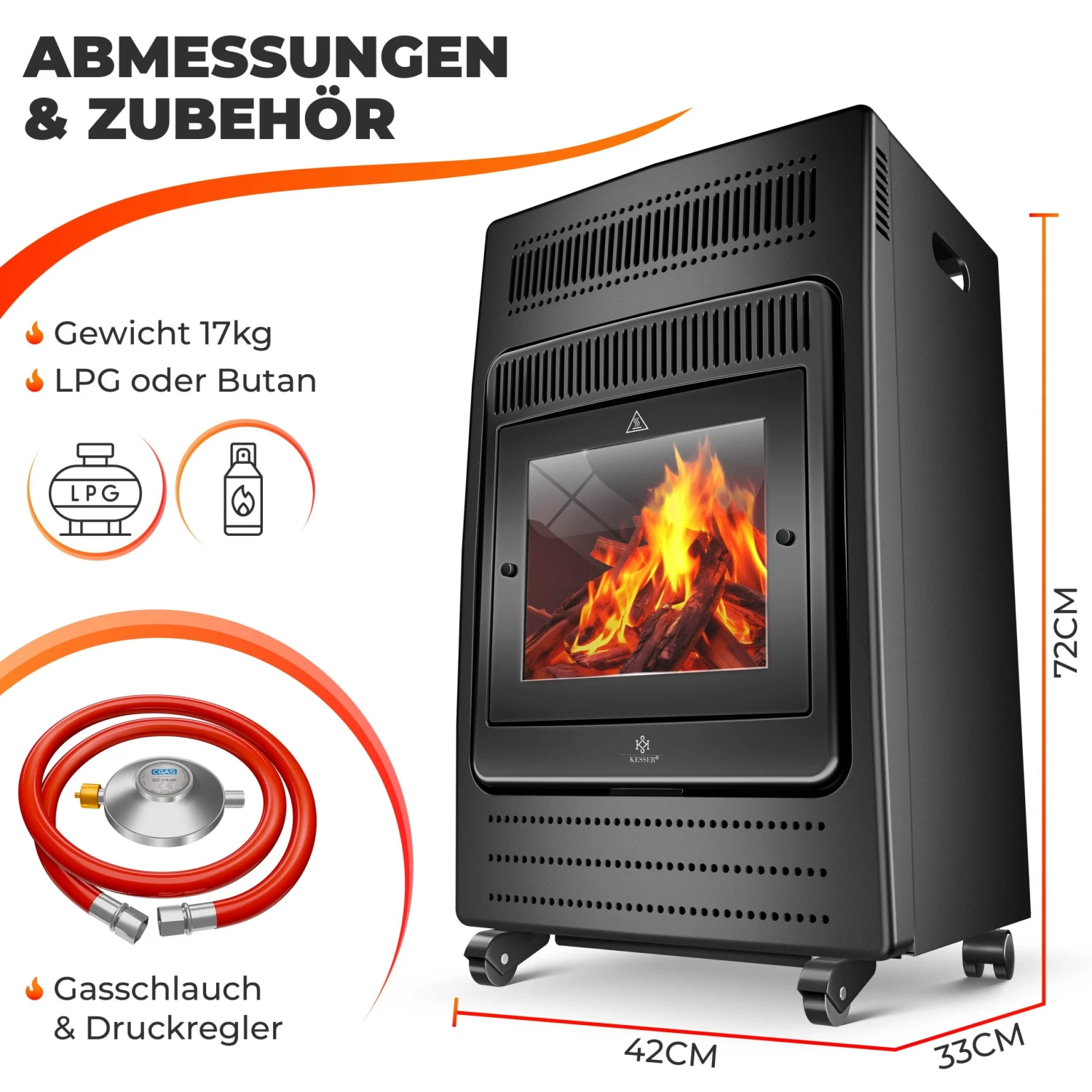 KESSER® Gasheizer Gasheizofen Heizstrahler 3,4 KW Gas Kamin Inkl. Gasdruckregler & Gasschlauch 2 Heizstufen Infrarot 3400W Gasheizstrahler Gasheizung Butan- Oder Propangasflaschen Bis 11kg Schwarz 2 KESSER® Gasheizer Gasheizofen Heizstrahler 3,4 KW Gas Kamin Inkl. Gasdruckregler & Gasschlauch 2 Heizstufen Infrarot 3400W Gasheizstrahler Gasheizung Butan- Oder Propangasflaschen Bis 11kg Schwarz – Bild 2