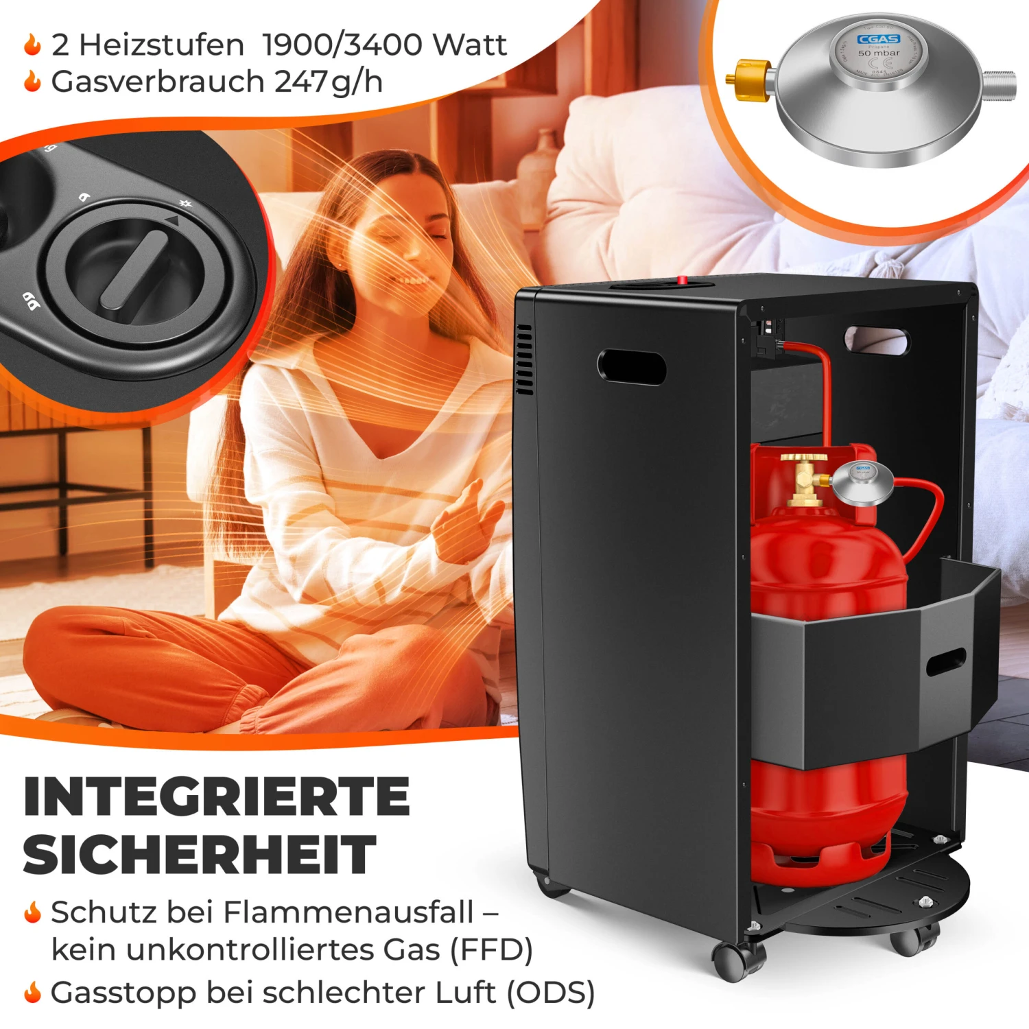 KESSER® Gasheizer Gasheizofen Heizstrahler 3,4 KW Gas Kamin Inkl. Gasdruckregler & Gasschlauch 2 Heizstufen Infrarot 3400W Gasheizstrahler Gasheizung Butan- Oder Propangasflaschen Bis 11kg Schwarz 4 KESSER® Gasheizer Gasheizofen Heizstrahler 3,4 KW Gas Kamin Inkl. Gasdruckregler & Gasschlauch 2 Heizstufen Infrarot 3400W Gasheizstrahler Gasheizung Butan- Oder Propangasflaschen Bis 11kg Schwarz – Bild 4