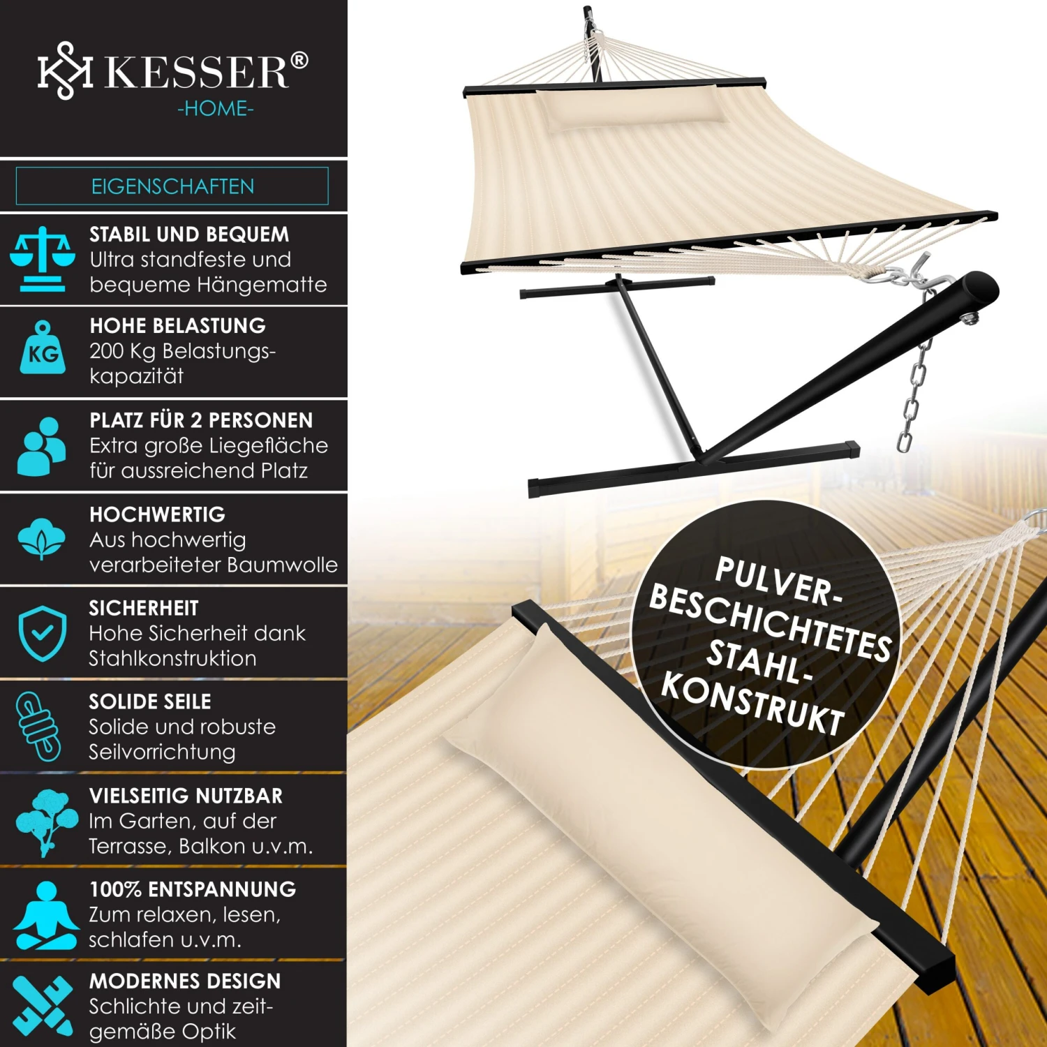 KESSER® Hängematte HILL Mit Gestell Kissen Doppelhängematte Für 2 Personen-Stabiler Rahmen -200kg Belastbarkeit Indoor & Outdoor XXL Hängesessel Doppel Mehrpersonen Garten Pool Balkon Terrasse 2 KESSER® Hängematte HILL Mit Gestell Kissen Doppelhängematte Für 2 Personen-Stabiler Rahmen -200kg Belastbarkeit Indoor & Outdoor XXL Hängesessel Doppel Mehrpersonen Garten Pool Balkon Terrasse – Bild 2