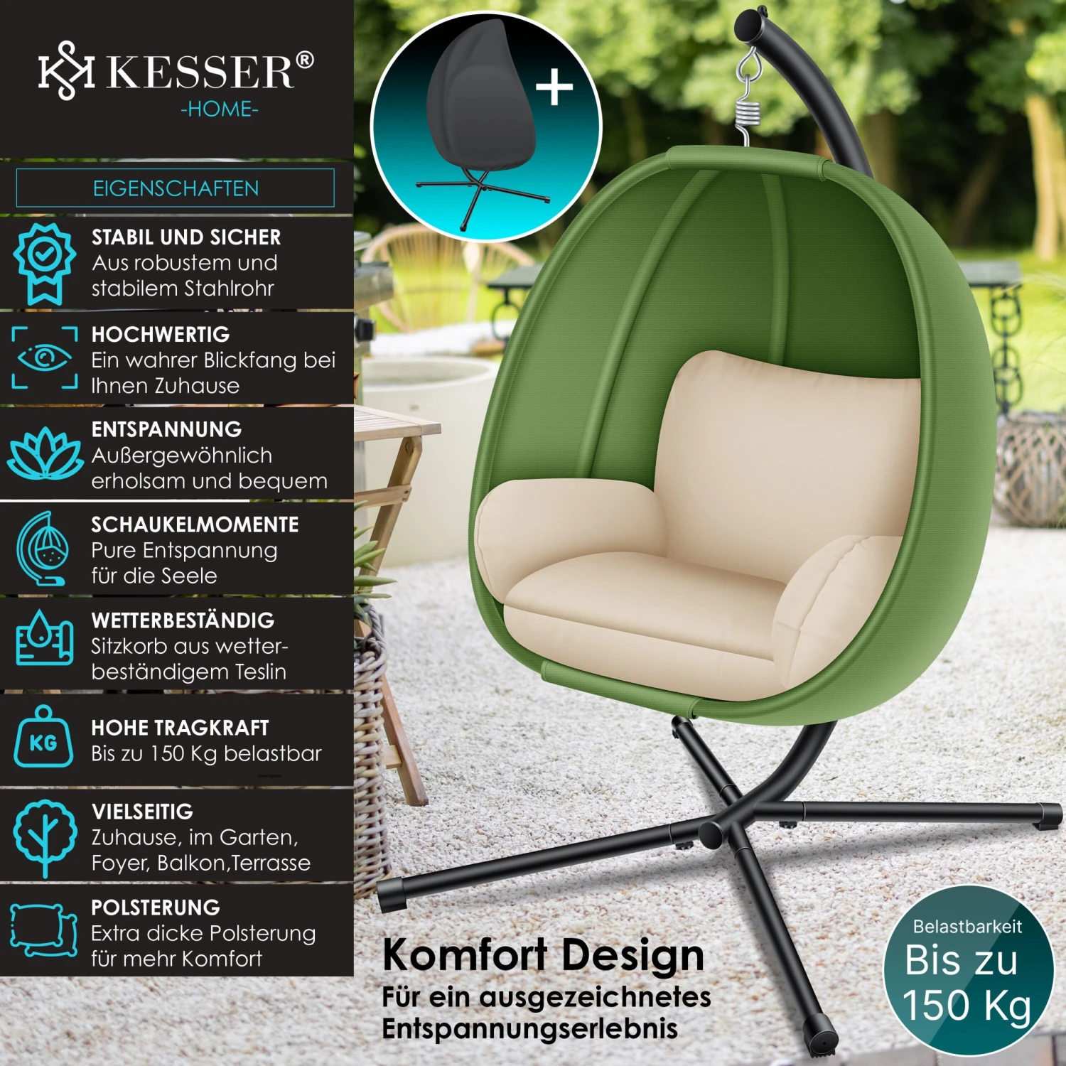 KESSER® Luxe Hängesessel Mit Gestell + Weicher Sitzkissen, Seitenpolsterung, Sitz- Und Rückenkissen Hängekorb Indoor & Outdoor, Garten Schaukel Korb Hängestuhl Stabiler Standfuß, Max. 150 Kg 2 KESSER® Luxe Hängesessel Mit Gestell + Weicher Sitzkissen, Seitenpolsterung, Sitz- Und Rückenkissen Hängekorb Indoor & Outdoor, Garten Schaukel Korb Hängestuhl Stabiler Standfuß, Max. 150 Kg – Bild 2