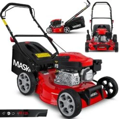 MASKO® Benzin Rasenmäher 5in1 Radantrieb EasyClean Reinigungsfunktion Mulchfunktion Seitenauswurf Hohe Schnittbreite 8-fache Schnitthöhenverstellung | 4 Takt Motor | Inkl. Fangkorb