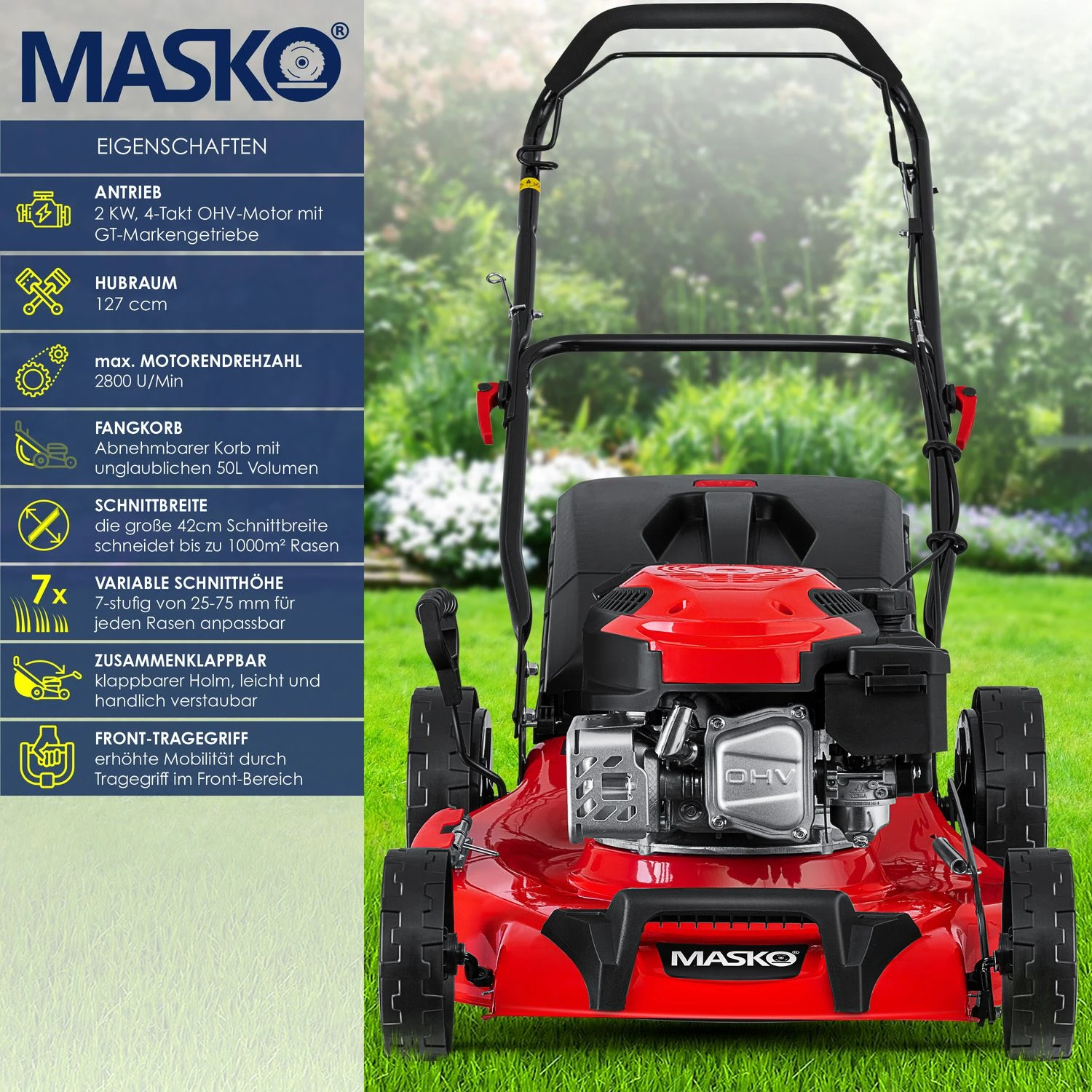 MASKO® Benzin Rasenmäher 5in1 Radantrieb EasyClean Reinigungsfunktion Mulchfunktion Seitenauswurf Hohe Schnittbreite 8-fache Schnitthöhenverstellung | 4 Takt Motor | Inkl. Fangkorb 2 MASKO® Benzin Rasenmäher 5in1 Radantrieb EasyClean Reinigungsfunktion Mulchfunktion Seitenauswurf Hohe Schnittbreite 8-fache Schnitthöhenverstellung | 4 Takt Motor | Inkl. Fangkorb – Bild 2