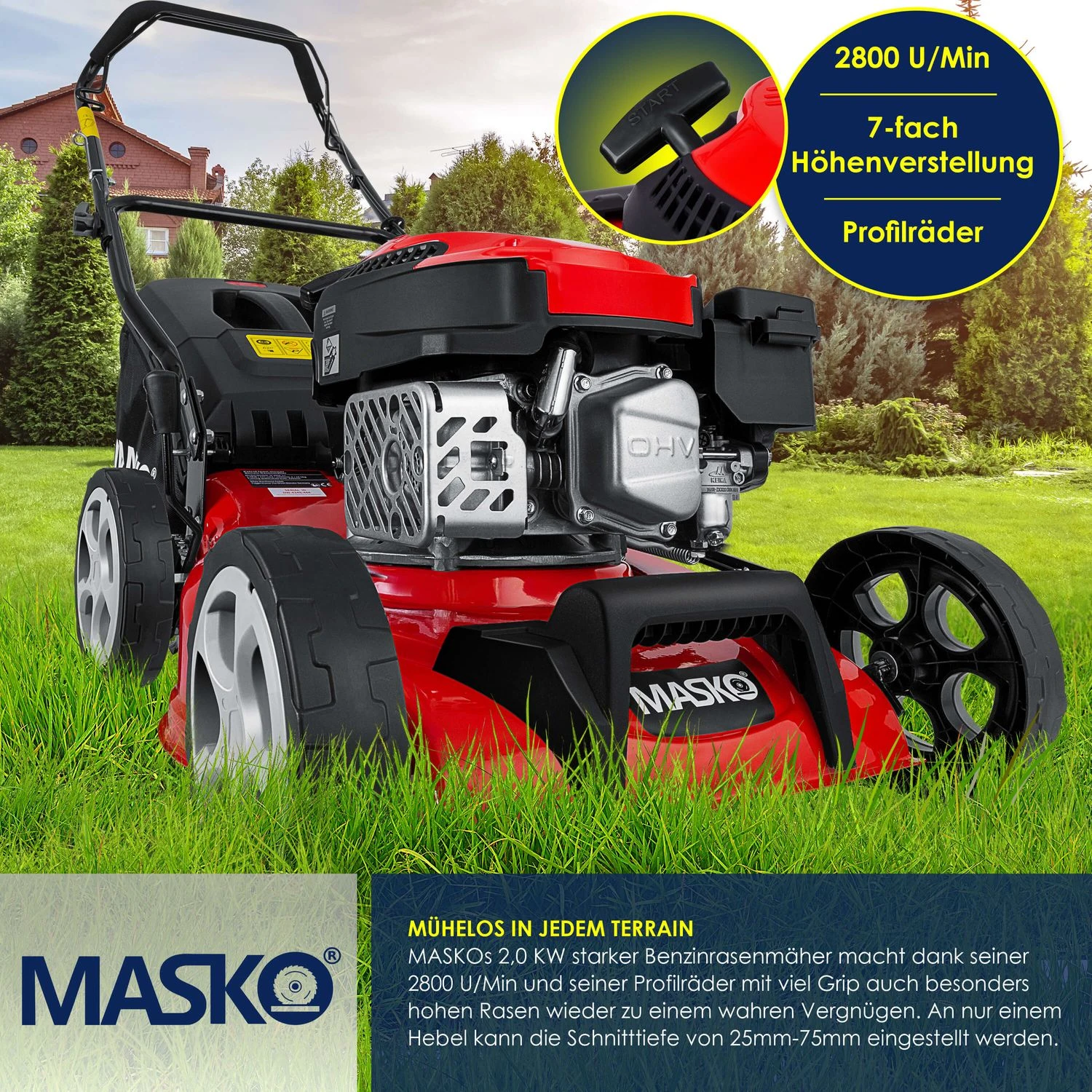 MASKO® Benzin Rasenmäher 5in1 Radantrieb EasyClean Reinigungsfunktion Mulchfunktion Seitenauswurf Hohe Schnittbreite 8-fache Schnitthöhenverstellung | 4 Takt Motor | Inkl. Fangkorb 4 MASKO® Benzin Rasenmäher 5in1 Radantrieb EasyClean Reinigungsfunktion Mulchfunktion Seitenauswurf Hohe Schnittbreite 8-fache Schnitthöhenverstellung | 4 Takt Motor | Inkl. Fangkorb – Bild 4