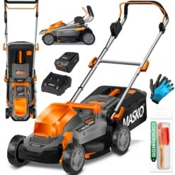 MASKO® Akku Rasenmäher ECO-X10 Inkl. 2X Akkus Li-Ion Batterie 4 Ah & Doppel-Ladegerät – Rasentrimmer Schnittbreite, 25-75mm Schnitthöhenverstellung