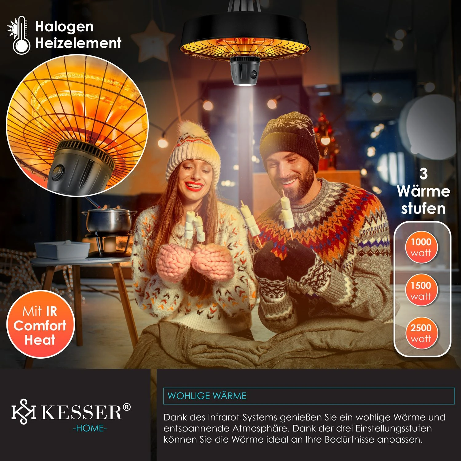 KESSER® Deckenheizstrahler Heizpilz Infrarot-Heizstrahler 2500W Terrassenstrahler Mit Fernbedienung Quarzstrahler | LED Licht | Decke | Infrarotstrahler | Mit Kette + Karabinerhaken Carbon-Heizelement 3 KESSER® Deckenheizstrahler Heizpilz Infrarot-Heizstrahler 2500W Terrassenstrahler Mit Fernbedienung Quarzstrahler | LED Licht | Decke | Infrarotstrahler | Mit Kette + Karabinerhaken Carbon-Heizelement – Bild 3