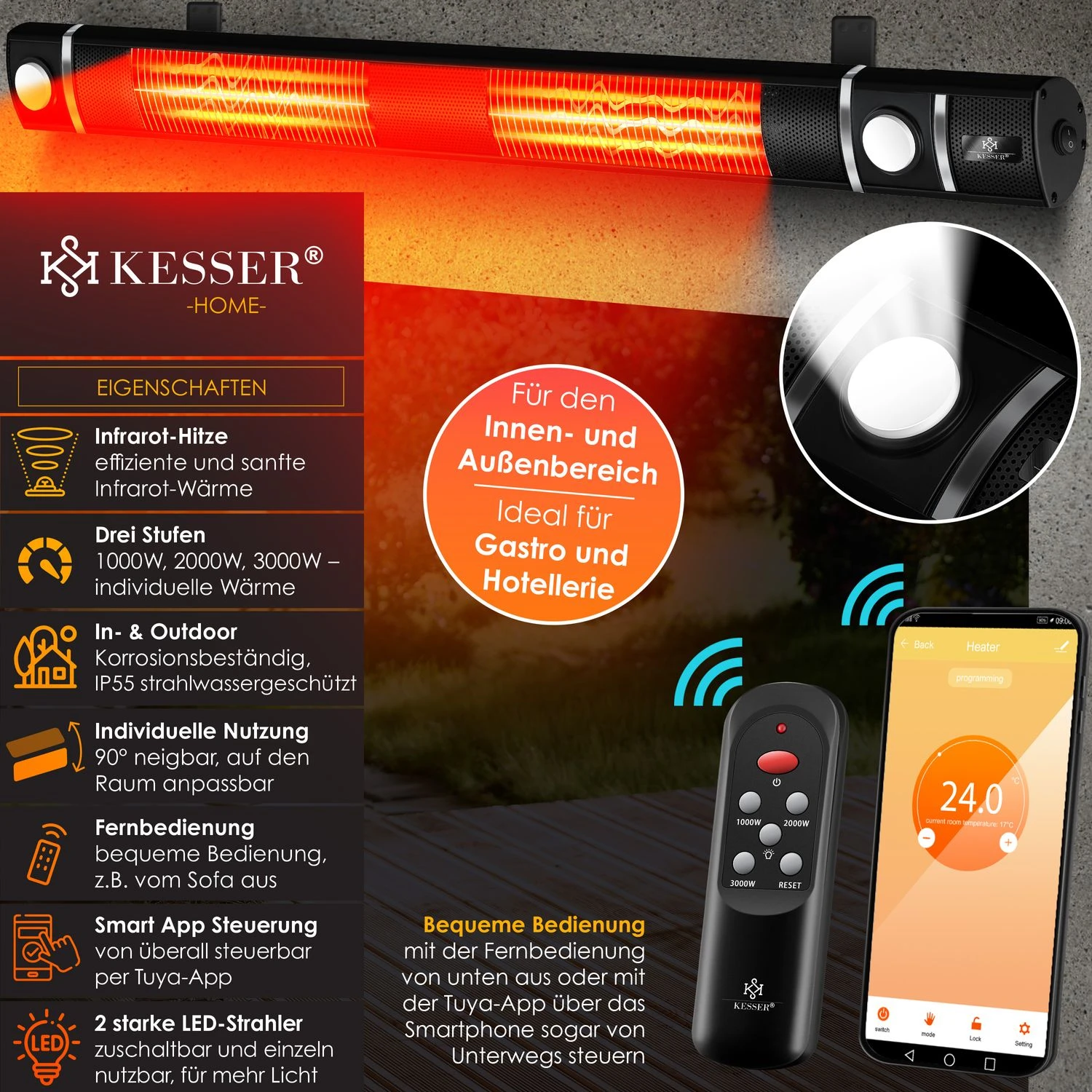 KESSER® Infrarot Heizstrahler 3000W IR-Gastro-Bar Inkl. LED Licht Terrassenstrahler Mit WiFi & Fernbedienung Inkl. Schutzhülle Infrarotstrahler Quarzstrahler Terrassenheizer Wand-Heizstrahler 2 KESSER® Infrarot Heizstrahler 3000W IR-Gastro-Bar Inkl. LED Licht Terrassenstrahler Mit WiFi & Fernbedienung Inkl. Schutzhülle Infrarotstrahler Quarzstrahler Terrassenheizer Wand-Heizstrahler – Bild 2