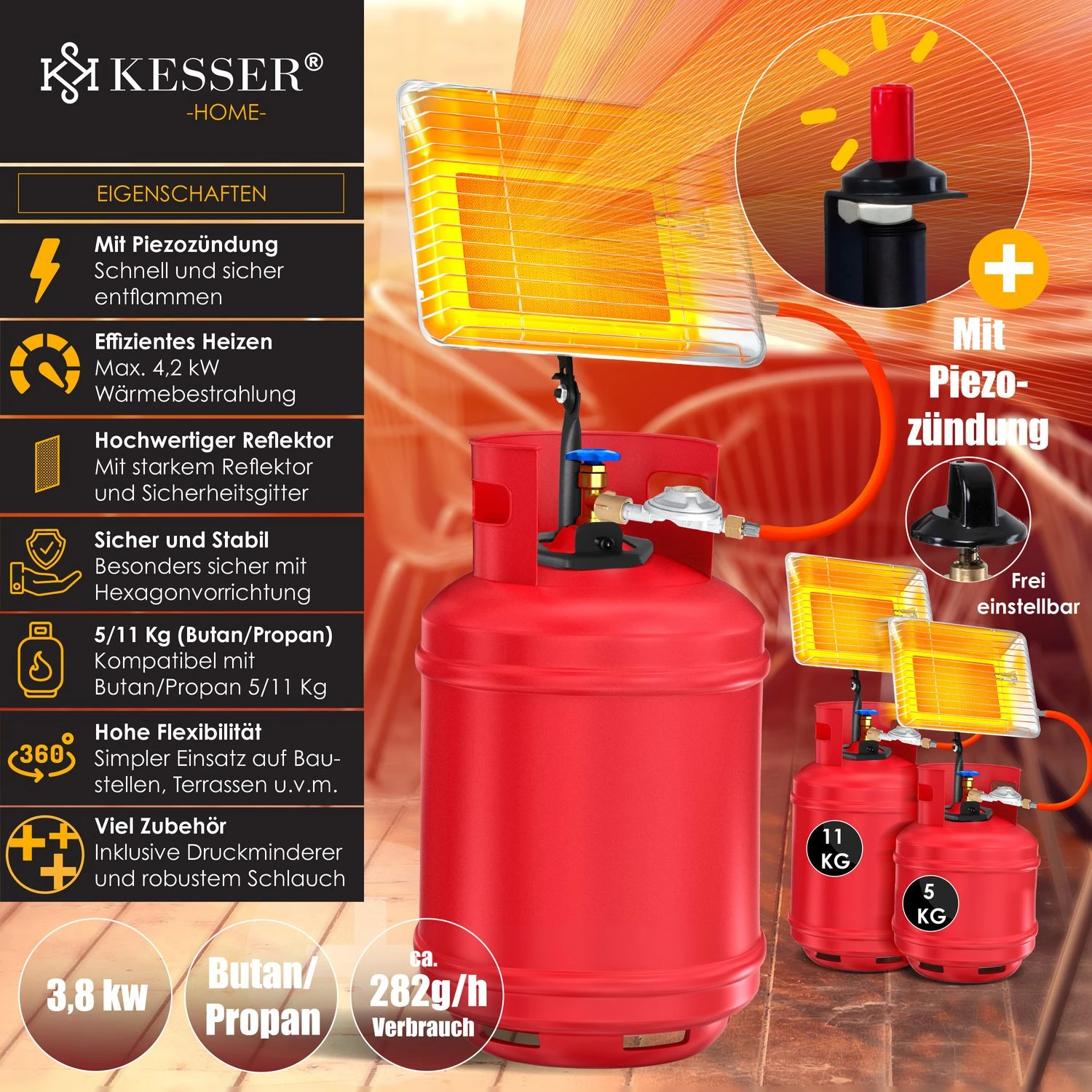 KESSER® Gasheizer Heizstrahler Gas Aufsatz Strahler Inkl. Piezo Zündung Schlauch & Regler Flaschenhalterung Gasheizstrahler Aufsatzheizstrahler Betrieben Mit Propan - Gas Für 5 Kg Oder 11 Kg Flaschen 2 KESSER® Gasheizer Heizstrahler Gas Aufsatz Strahler Inkl. Piezo Zündung Schlauch & Regler Flaschenhalterung Gasheizstrahler Aufsatzheizstrahler Betrieben Mit Propan - Gas Für 5 Kg Oder 11 Kg Flaschen – Bild 2